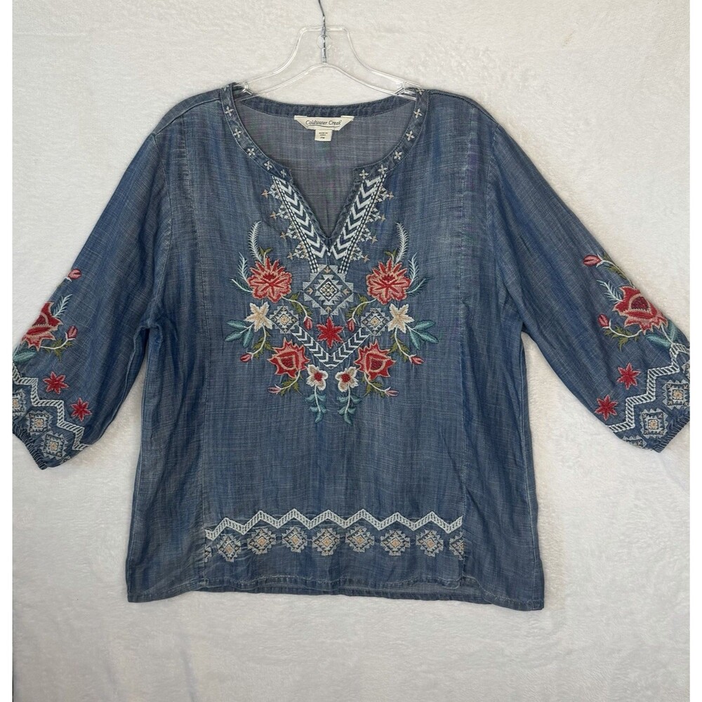 Coldwater Creek PM Blue River Embroidered Tencel Top Chambray Boho Peasant